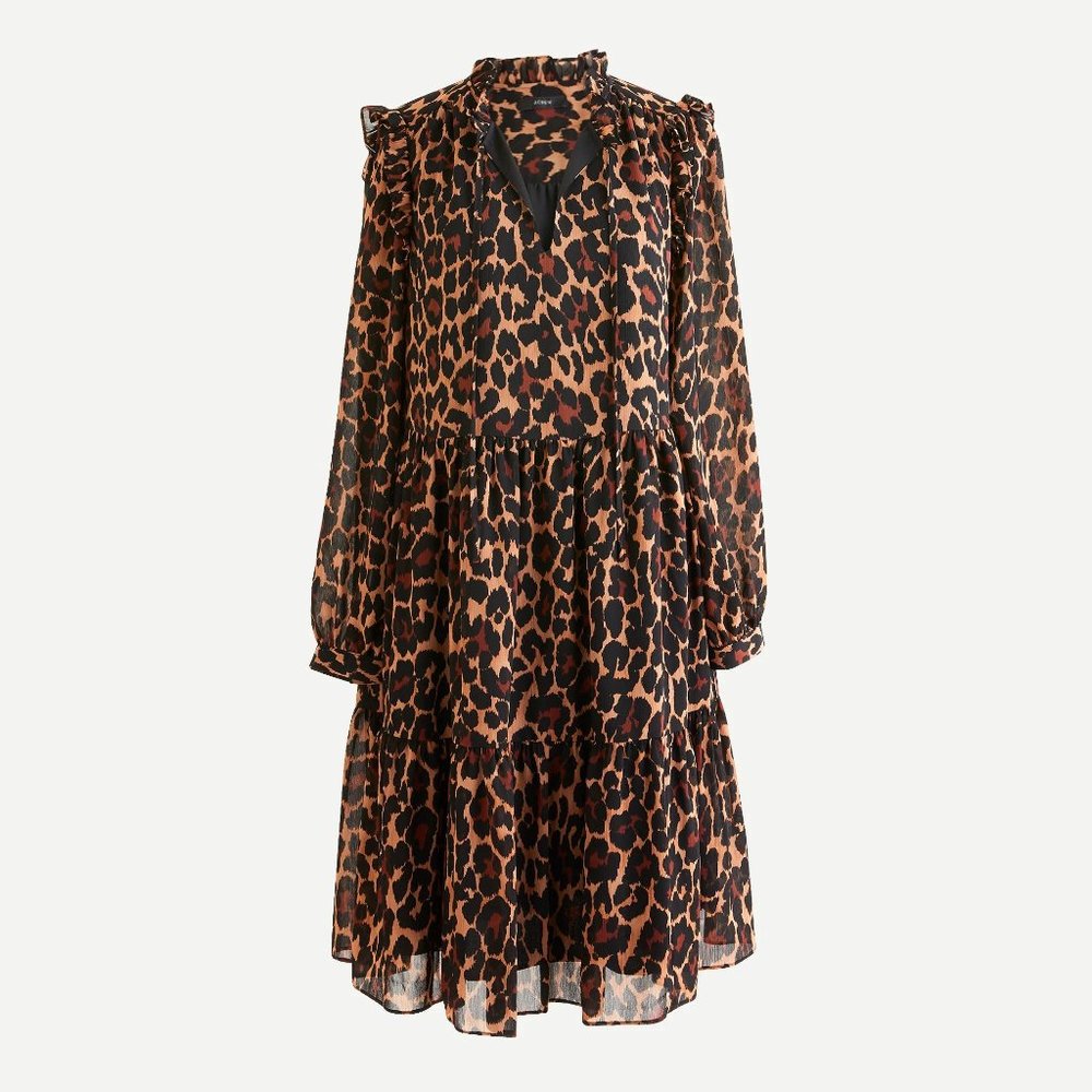 J.CREW Tie-Neck Tiered Dress in Leopard Crinkle Chiffon sz XL NEW Women's